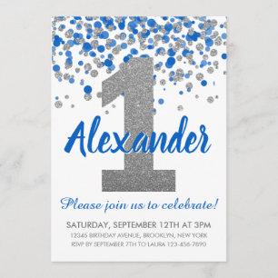 Blue Silver Glitter Confetti Boy First Birthday Inbjudningar