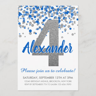 Blue Silver Glitter Confetti Boy Fjärde födelsedag Inbjudningar