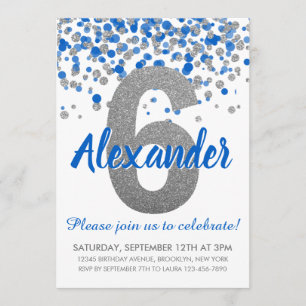 Blue Silver Glitter Confetti Boy sjätte födeldagen Inbjudningar