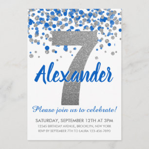 Blue Silver Glitter Confetti Boy Sjunde födelsedag Inbjudningar