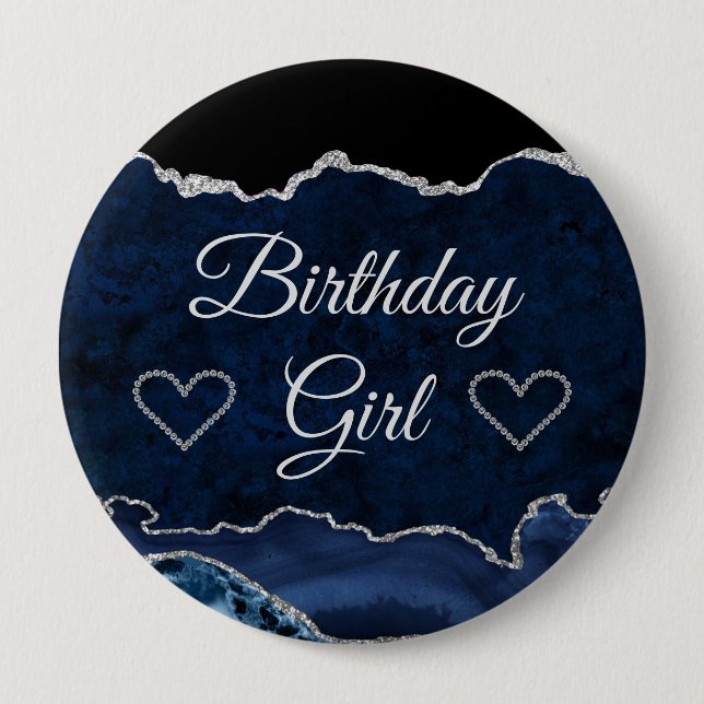Blue & Silver Glitter Marble Agate Birthday Girl Knapp (Framsida)
