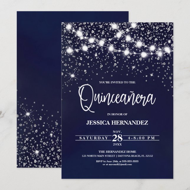 Blue Silver Glitter Sparkles Ljus Quinceañera Inbjudningar (Fram/baksida)