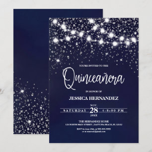Blue Silver Glitter Sparkles Ljus Quinceañera Inbjudningar