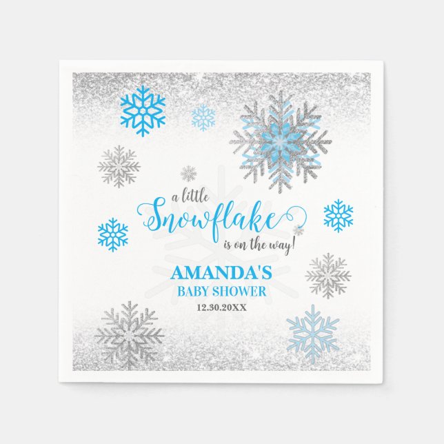 Blue Silver Glittery Snow Flake Winter Baby Shower Pappersservett (Framsidan)