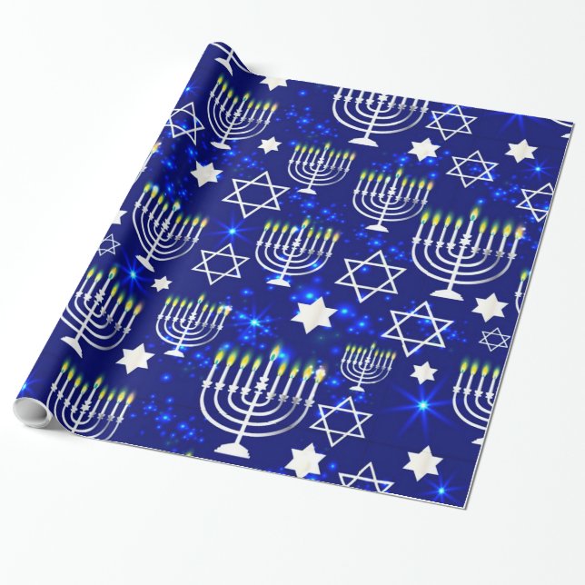 Blue & Silver Hanukkah Menorah Presentpapper (Utrullad)