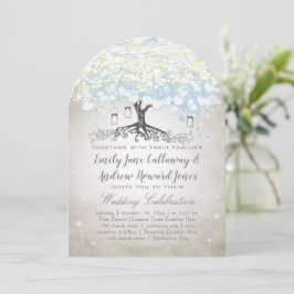 Blue & Silver Heart Löv Träd Woodsy Boho Bröllop Inbjudningar