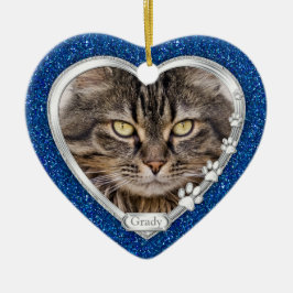 Blue Silver Heart Pet Cat Memorial Photo Jul Julgransprydnad Keramik