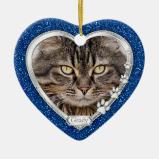 Blue Silver Heart Pet Cat Memorial Photo Jul Julgransprydnad Keramik
