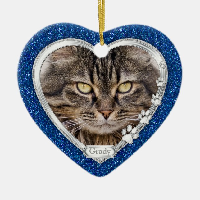 Blue Silver Heart Pet Cat Memorial Photo Jul Julgransprydnad Keramik (Framsidan)