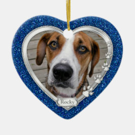 Blue Silver Heart Pet Hund Memorial Photo jul Julgransprydnad Keramik
