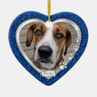 Blue Silver Heart Pet Hund Memorial Photo jul Julgransprydnad Keramik