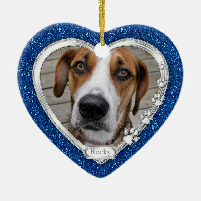 Blue Silver Heart Pet Hund Memorial Photo jul Julgransprydnad Keramik (Framsidan)