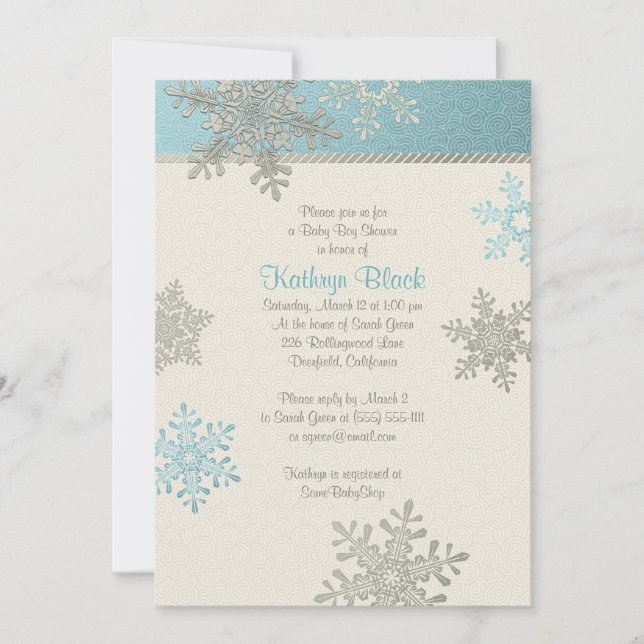 Blue Silver Ivory Snowflake Winter Baby Shower Inbjudningar (Framsida)