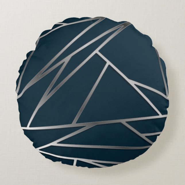 Blue Silver Modern Geometric Rund Kudde (Framsidan)