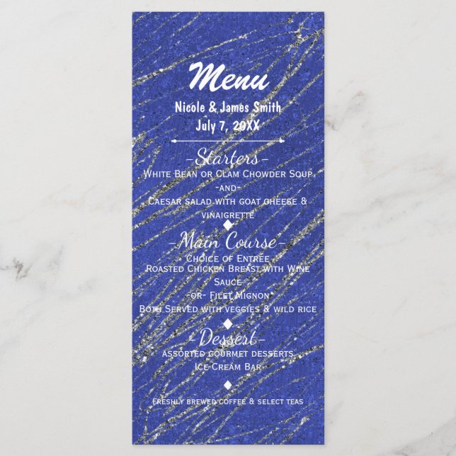 Blue & Silver Modern Glam Marble Rand Party Menu Meny (Framsida)