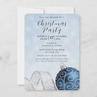 Blue & Silver Ornament Christmas Party Invitation Inbjudningar