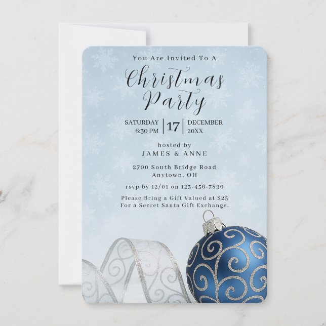 Blue & Silver Ornament Christmas Party Invitation Inbjudningar (Framsida)