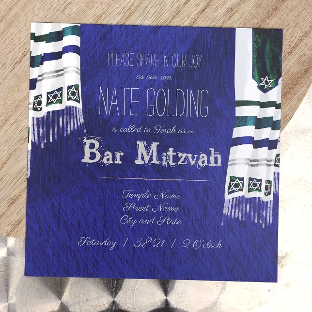 Blue, Silver Prayer Tallit Pub Mitzvah-inbjudan Inbjudningar (Unique Royal Blue Square Bar Mitzvah Invitation with Striped Tallit Prayer Shawls, Striped Silver)