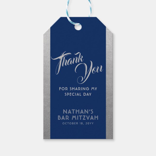 Blue Silver Pub Mitzvah Favor Tack Presentetikett (Framsidan)