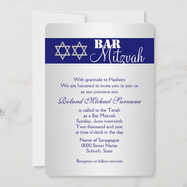 Blue silver pub mitzvah firande #5 inbjudningar (Framsida)