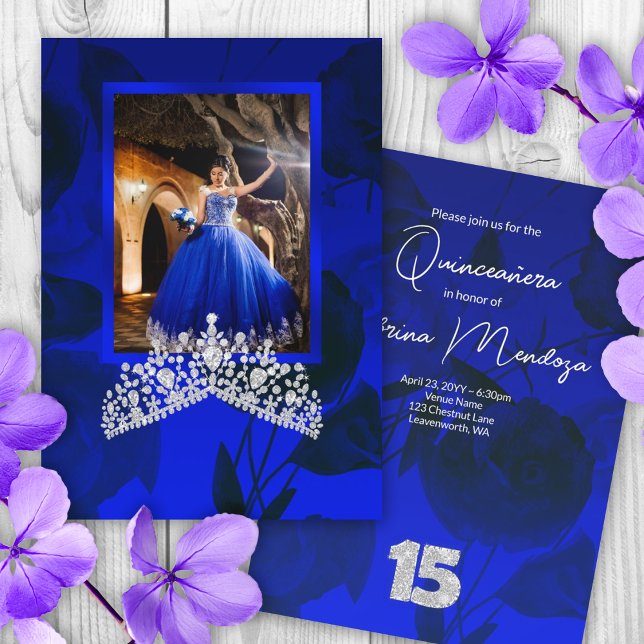 Blue, Silver Quinceanera Gemstone Tiara-inbjudan Inbjudningar (royal blue quinceanera silver number 15 fifteen 15th diamond tiara elegant blue mis quince anos)