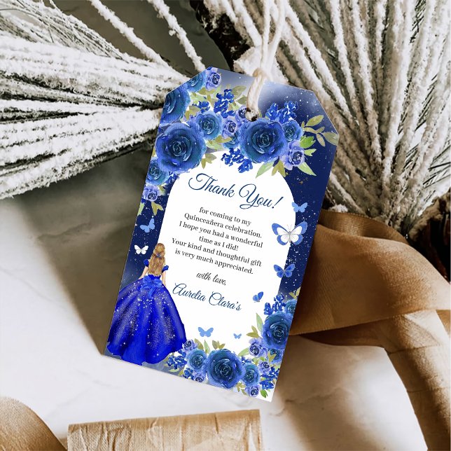 Blue Silver Ro Quinceanera Birthday Presentetikett (Skapare uppladdad)