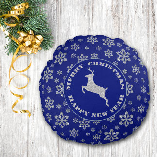 Blue Silver Snowflake Reindeer Rund Kudde