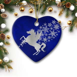Blue Silver Snowflake Unicorn Personlig Julgransprydnad Keramik