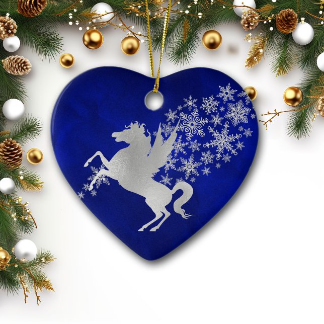 Blue Silver Snowflake Unicorn Personlig Julgransprydnad Keramik (Skapare uppladdad)
