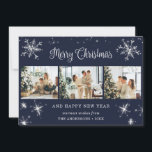 Blue Silver Sparkly Snowflake Photo Collage Julkort<br><div class="desc">Cute Blue Photo collage God jul och Gott nytt år kort med snöflingor och stjärnor på framsidan och fallande snö på baksidan. Anpassa enkelt det här helgdag med elegant med foton och text.</div>