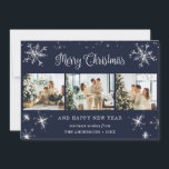 Blue Silver Sparkly Snowflake Photo Collage Julkort<br><div class="desc">Cute Blue Photo collage God jul och Gott nytt år kort med snöflingor och stjärnor på framsidan och fallande snö på baksidan. Anpassa enkelt det här helgdag med elegant med foton och text.</div>
