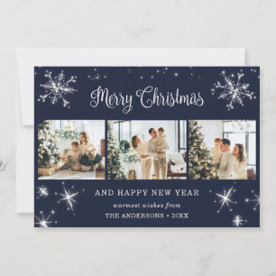 Blue Silver Sparkly Snowflake Photo Collage Julkort