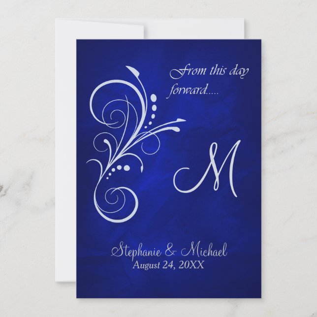 Blue Silver Swirl Monogram Bröllop Inbjudningar (Framsida)