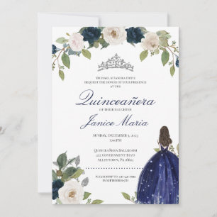 Blue Silver Tiara Blommigt Elegant Dress Quinceañe Inbjudningar