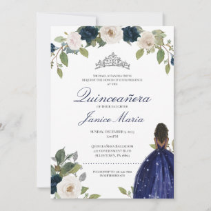 Blue Silver Tiara Blommigt Elegant Dress Quinceañe Inbjudningar
