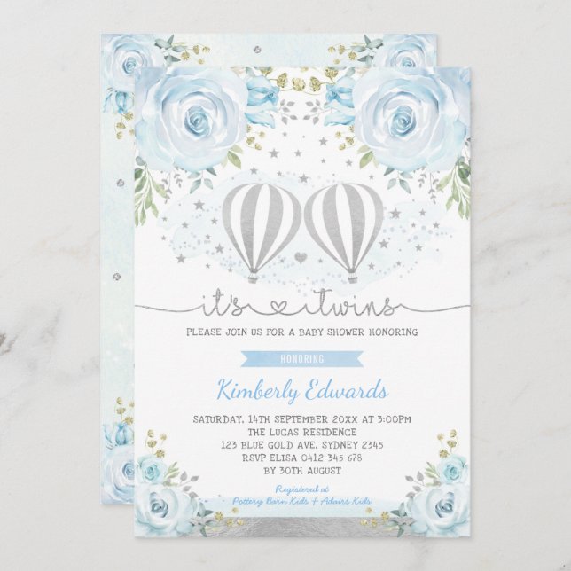 Blue Silver Twin Boys Luftballong Baby Shower Inbjudningar (Fram/baksida)