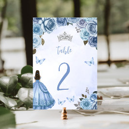 Blue Silver Watercolor Blommigt Princess Quinceañe Bordsnummer
