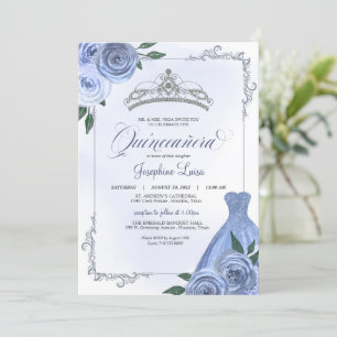Blue Silver & White Blommigt Quinceañera Firande Inbjudningar