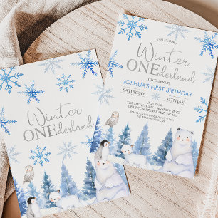 Blue Silver Winter Animals Onederland Birthday Inbjudningar