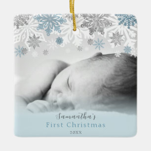 Blue Silver Winter Snöflingor Personlig Baby Julgransprydnad Keramik
