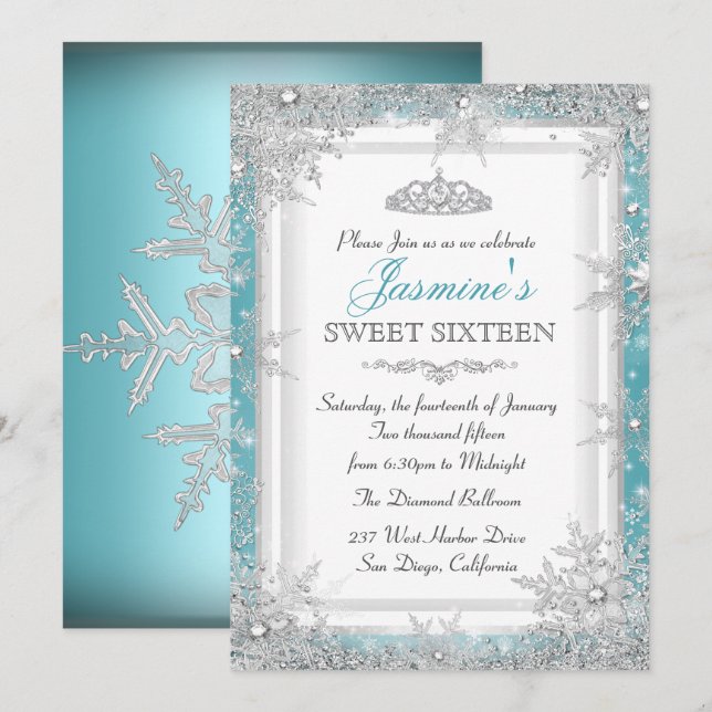 Blue Silver Winter Wonderland Sweet 16-inbjudan Inbjudningar (Fram/baksida)