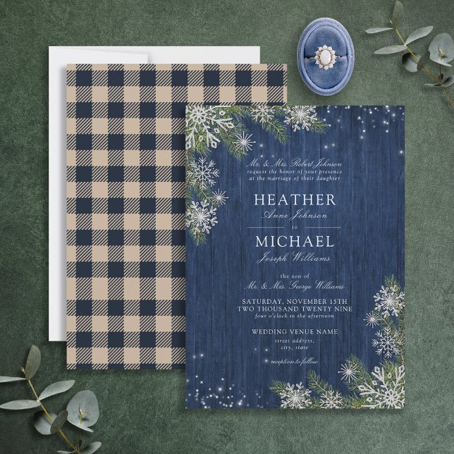 Blue Silver Winter Wood Play Rustic Bröllop Inbjudningar (Skapare uppladdad)
