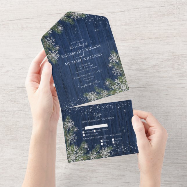 Blue Silver Winter Wood Play Rustic Bröllop +Menu (Tearaway)