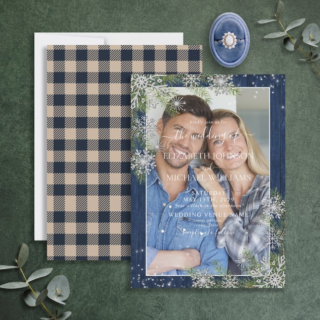 Blue Silver Winter Wood Play Rustic Photo Bröllop Inbjudningar (Skapare uppladdad)