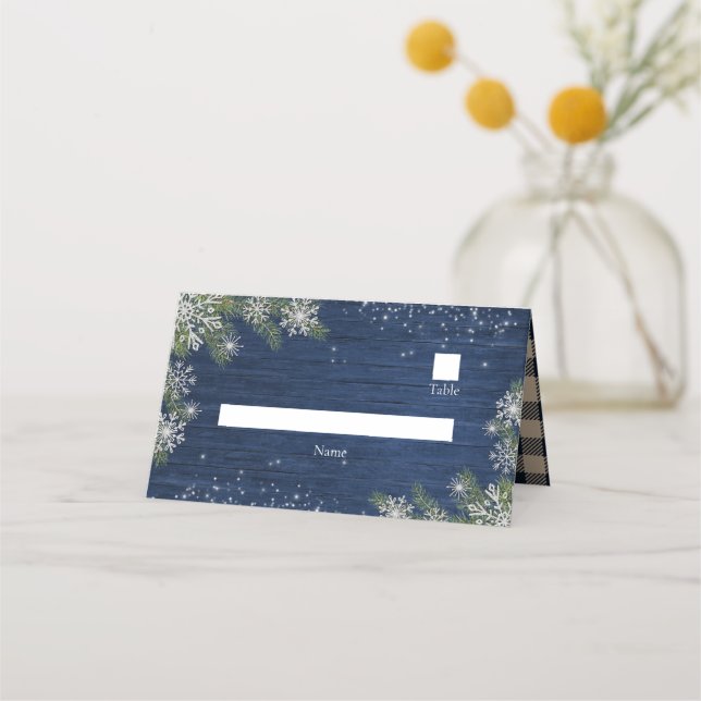 Blue Silver Winter Wood Play Rustic Placeringskort (Framsida)