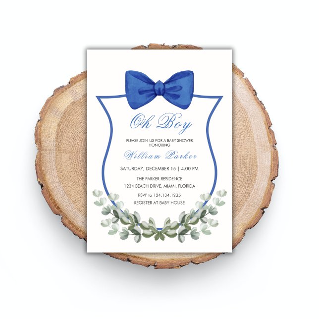Blue Simple Bow Eucalyptus Vapensköld Boy Shower Inbjudningar (Blue Simple Bow Eucalyptus Crest Boy Baby Shower Invitation)