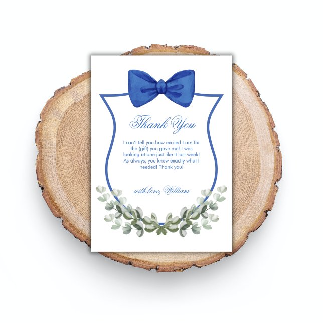Blue Simple Bow Eucalyptus Vapensköld Boy Shower Tack Kort (Blue Simple Bow Eucalyptus Crest Boy Baby Shower Thank You Card)