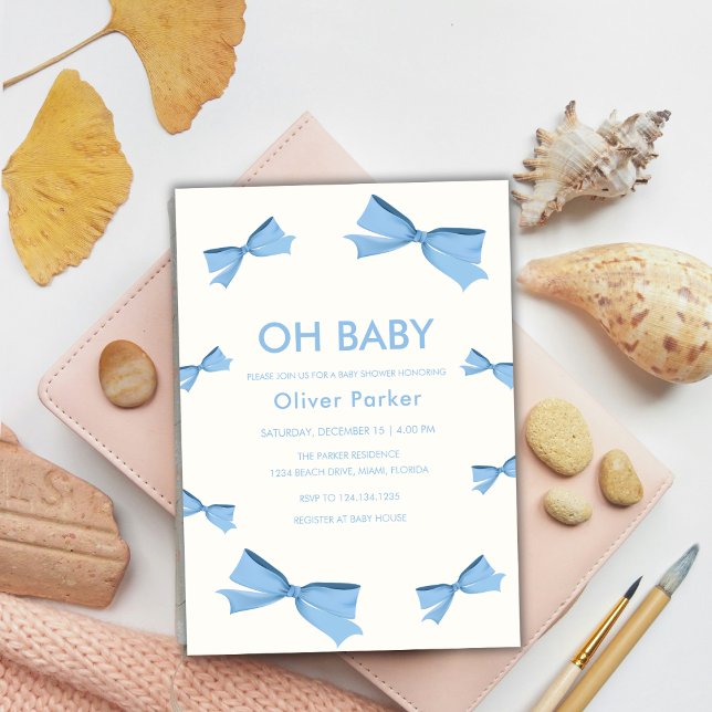 Blue Simple Bow Ram Boy Shower Inbjudningar (Blue Simple Bow Frame Boy Baby Shower Invitation)