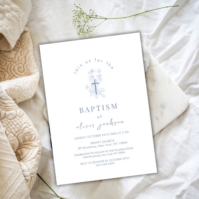Blue Simple Flower Kor Christening Boy Baptism Inbjudningar (Blue Simple Flower Cross Christening Boy Baptism Invitation)