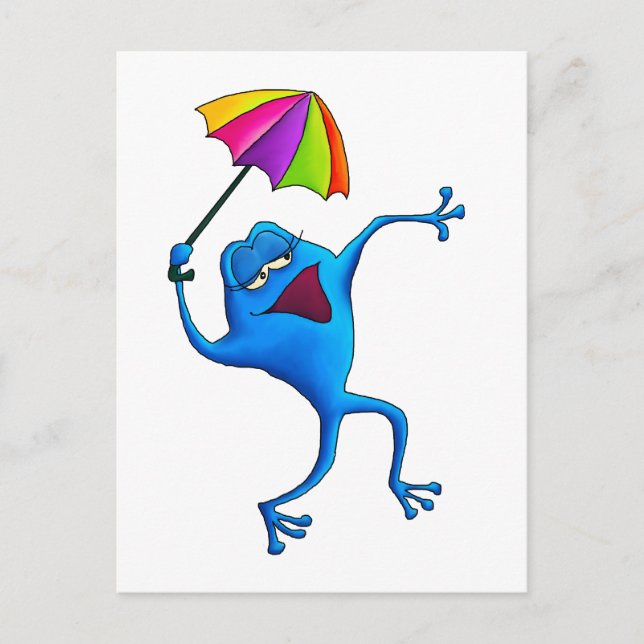 Blue Singing Frog med Parbrella Vykort (Framsida)
